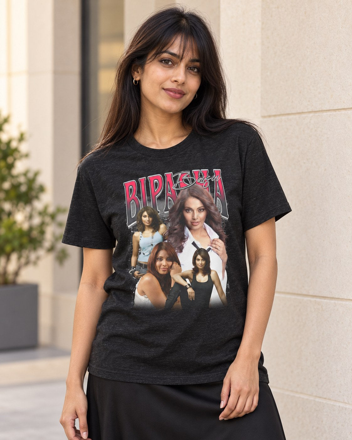 Styled mockup of Bipasha Basu The Glamorous Bollywood Star and Fitness Icon Unisex t-shirt worn by a model