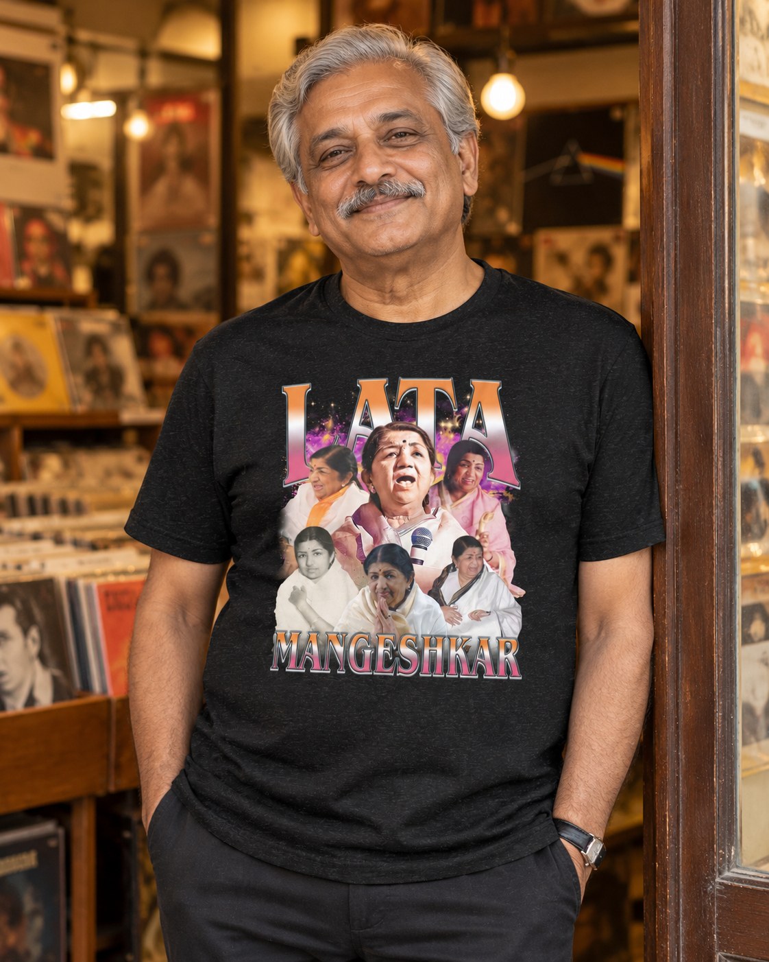 Styled mockup of Lata Mangeshkar - The Legendary Voice of Bollywood Music Unisex t-shirt worn by a model