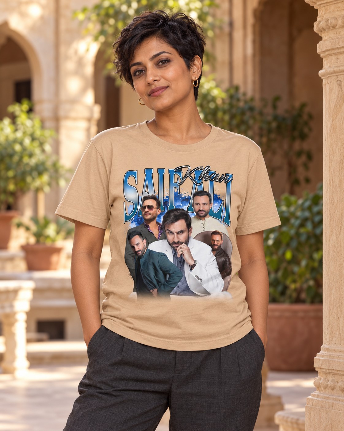 Styled mockup of Saif Ali Khan Bollywood Versatile Star with Royal Charm Unisex t-shirt worn by a model