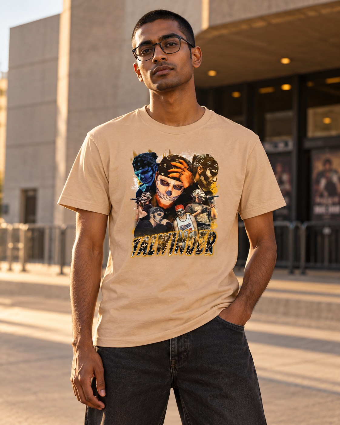 Styled mockup of Talwinder Punjabi Music Legend Fan Unisex T-Shirt | Exclusive Artist Apparel | Must-Have Tee for Desi Music Lovers worn by a model