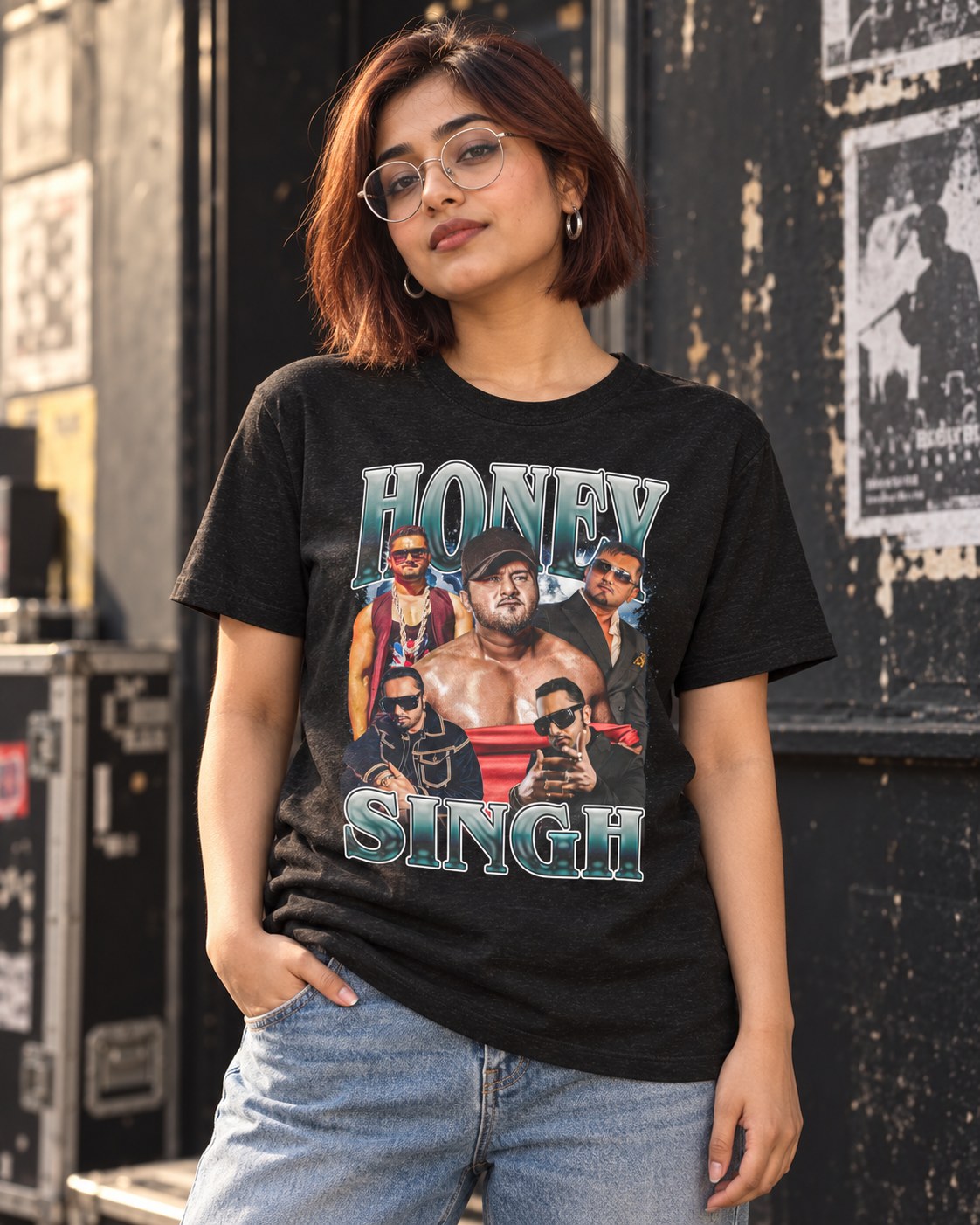 Styled mockup of Honey Singh The Iconic Rapper and Music Trendsetter of Bollywood Unisex t-shirt worn by a model