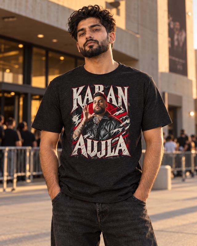 Original model wearing the Karan Aujla upper-body performance design on a Black Heather T-shirt