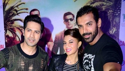 Varun Dhawan , Jacqueline Fernandez and Abraham during Dishoom promotions in 2016