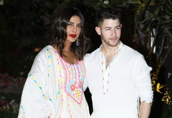 Chopra with her husband Nick Jonas at a Holi celebration party in Mumbai in 2020