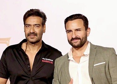 Pictured with co-actor Ajay Devgn at an event for Tanhaji in 2020. It marked their second collaboration and the film emerged as Khan's highest-grossing release. [ 138 ]