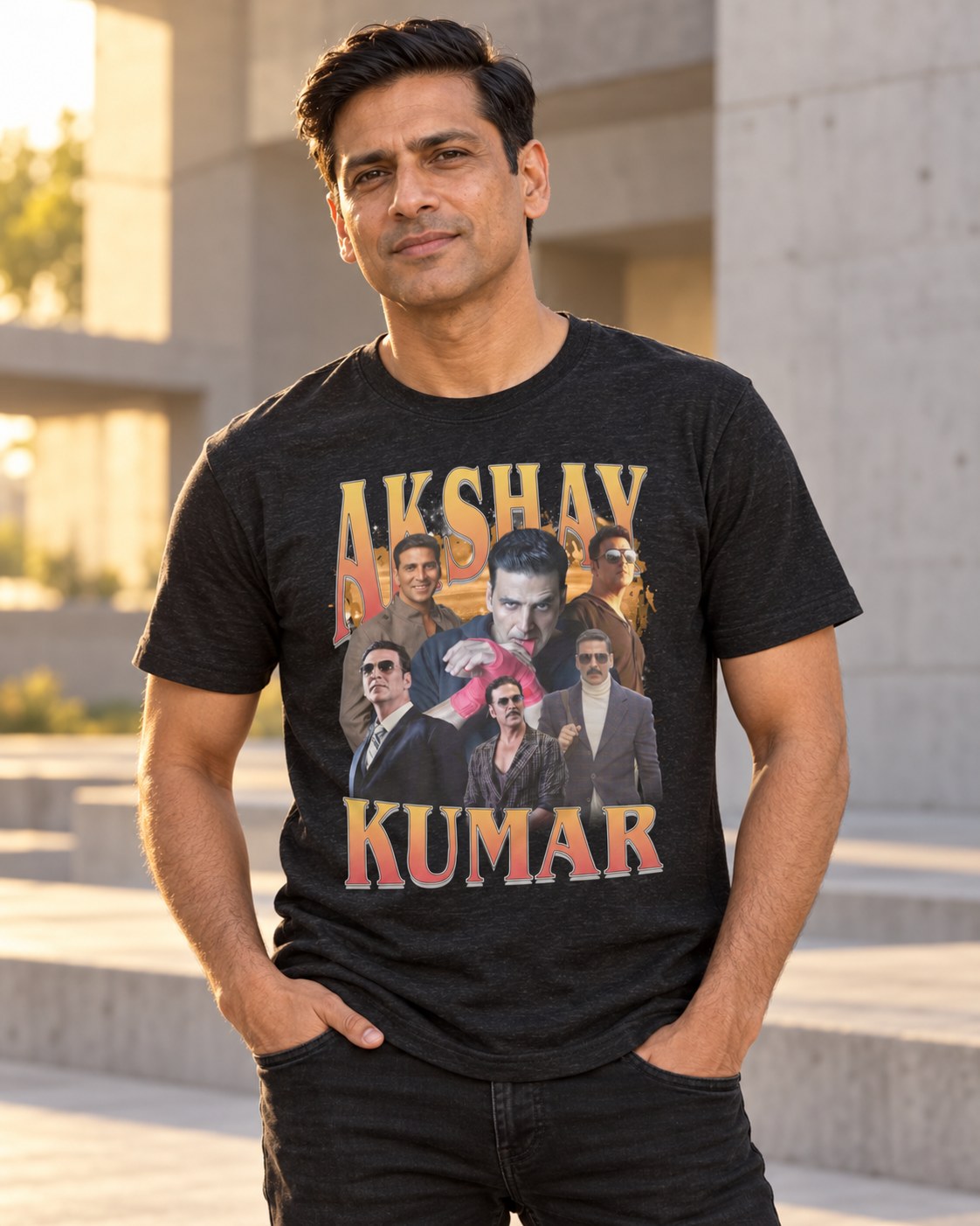 Styled mockup of Akshay Kumar The Versatile Superstar of Bollywood Unisex t-shirt worn by a model