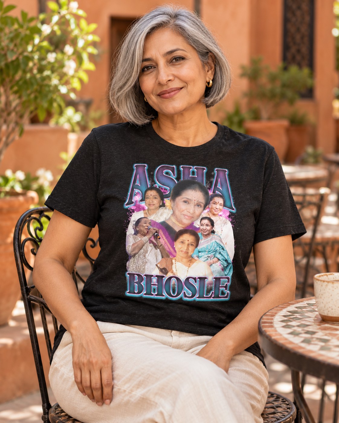 Styled mockup of Asha Bhosle - The Legendary Playback Singer of Bollywood Unisex t-shirt worn by a model