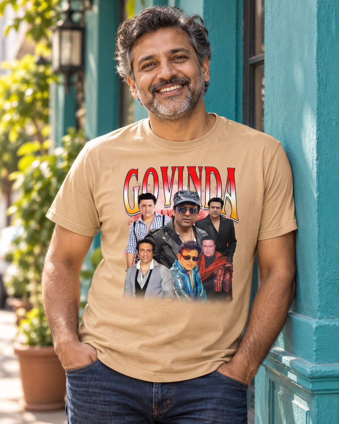 Styled mockup of Govinda - The Iconic Bollywood Actor Known for Comedy and Dance Unisex t-shirt worn by a model