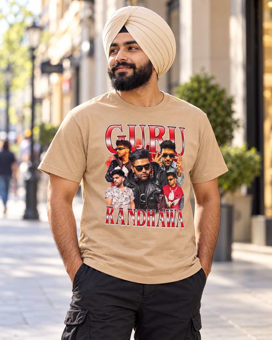Styled mockup of Guru Randhawa The Chart-Topping Star of Punjabi and Bollywood Music Unisex t-shirt worn by a model