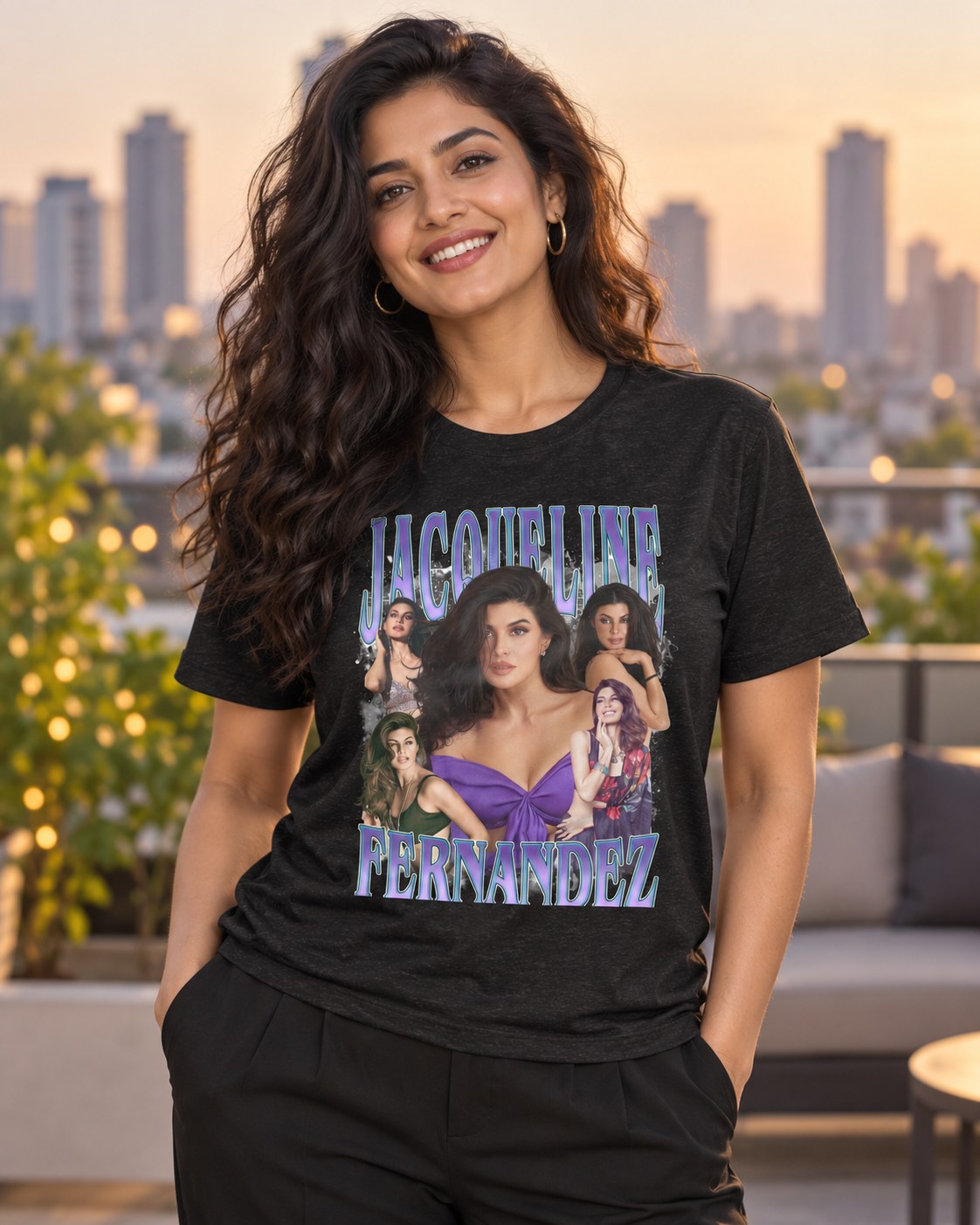 Styled mockup of Jacqueline Fernandez - Bollywood Star Known for Beauty Dance and Style Unisex t-shirt worn by a model