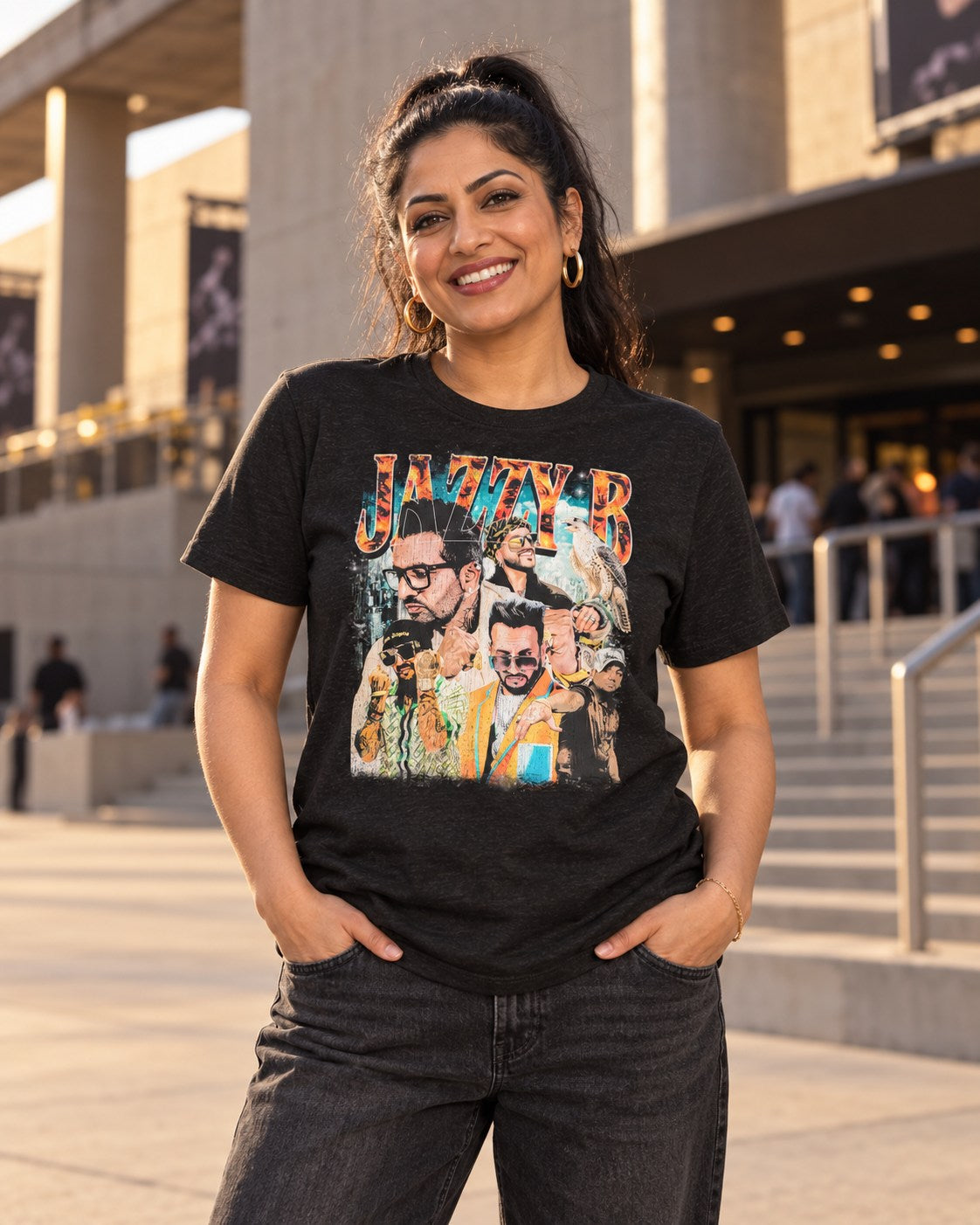 Styled mockup of Jazzy B: The Crown Prince of Bhangra Unisex t-shirt worn by a model