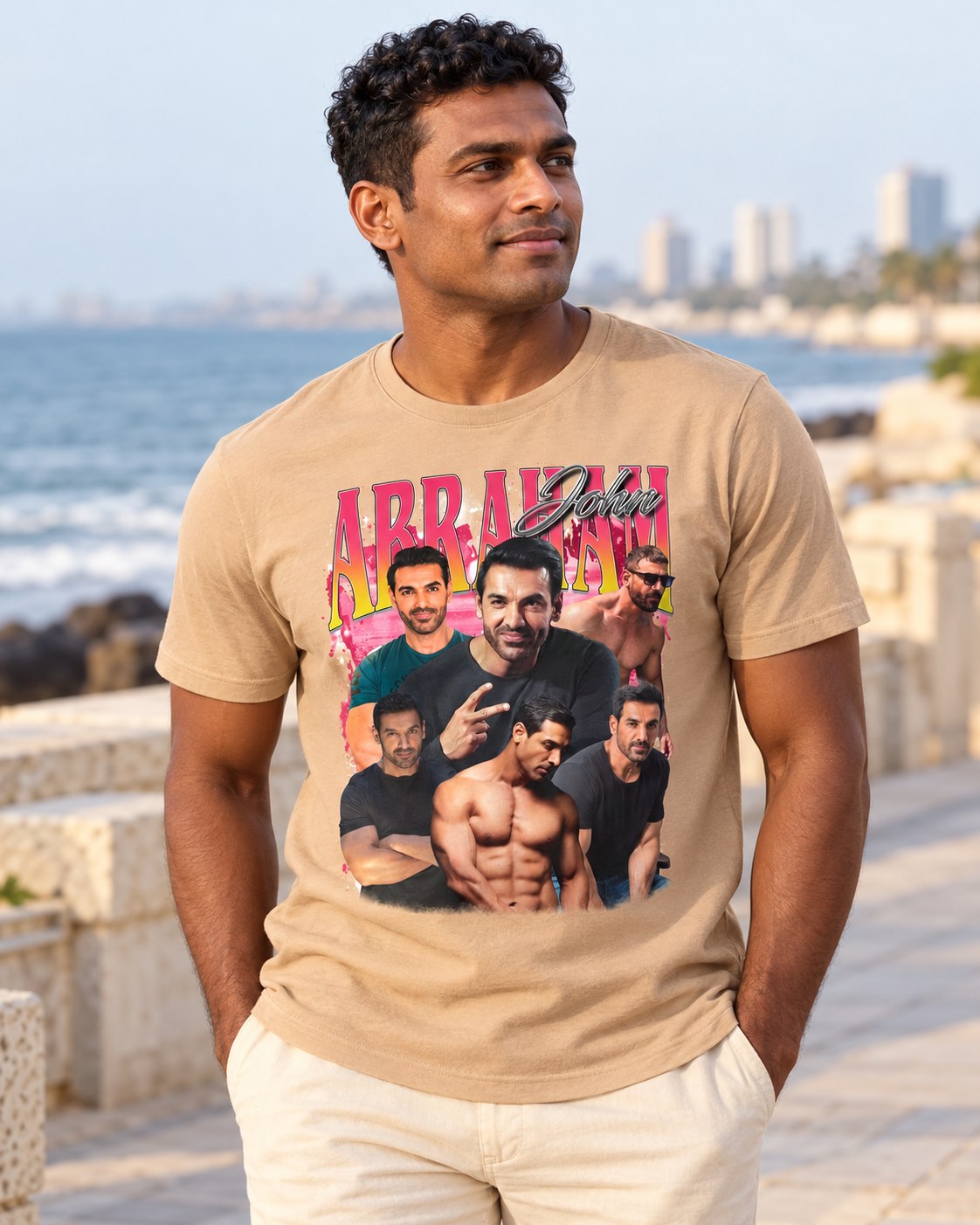 Styled mockup of John Abraham The Ultimate Bollywood Action Star and Fitness Icon Unisex t-shirt worn by a model