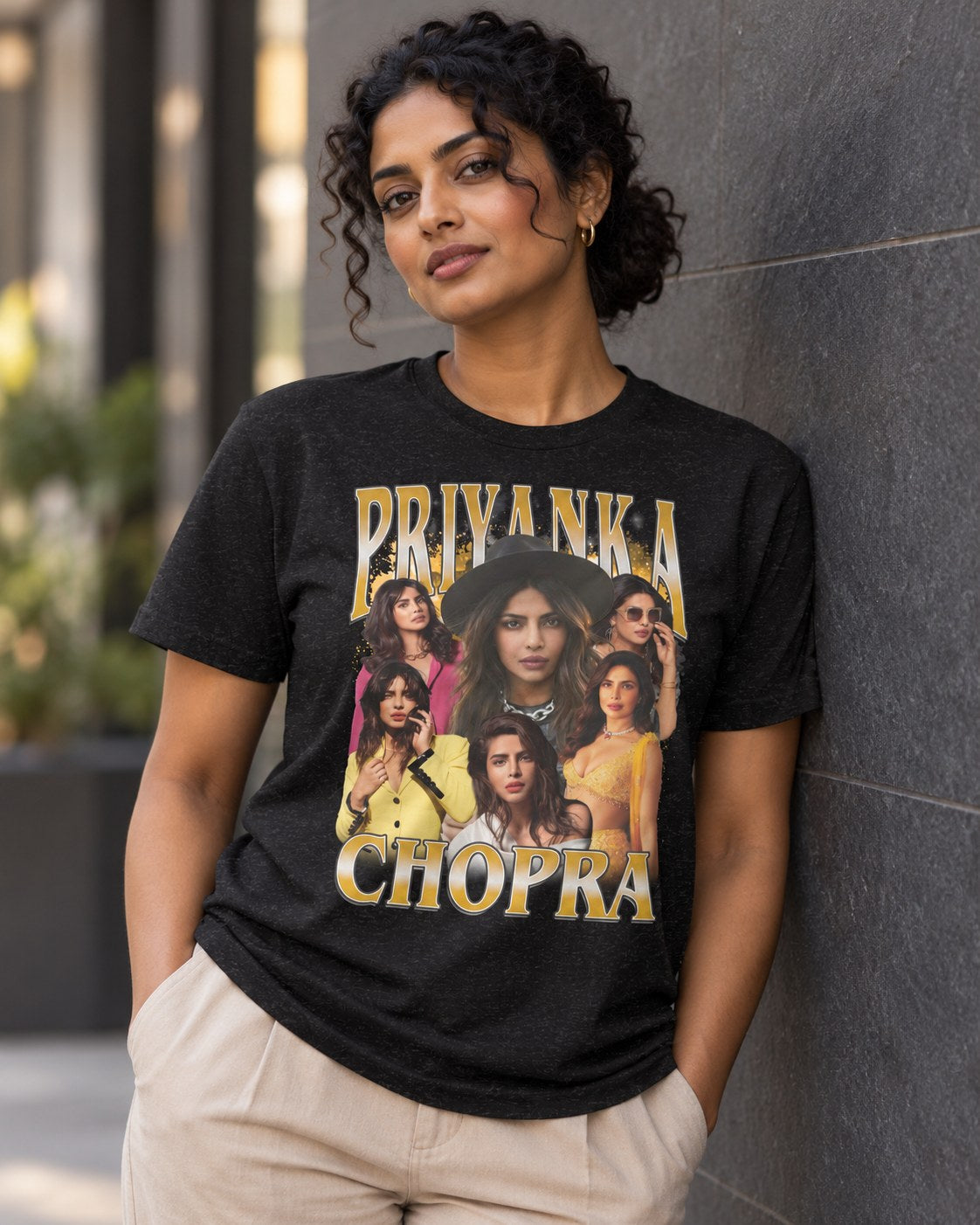 Styled mockup of Priyanka Chopra - Empowering Bollywood Icon and Global Superstar Unisex t-shirt worn by a model