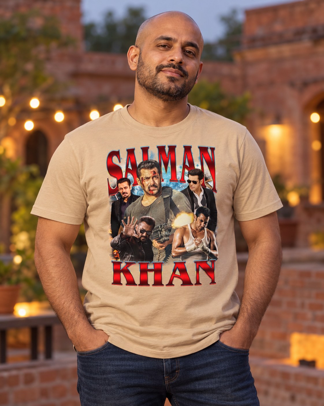 Styled mockup of Salman Khan The Ultimate Bollywood Superstar and Style Icon Unisex t-shirt worn by a model