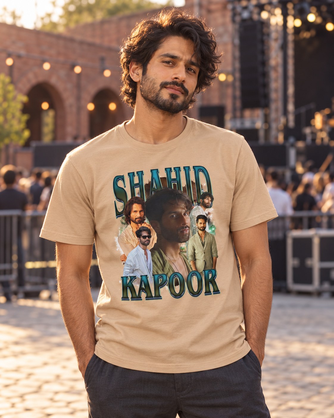 Styled mockup of Shahid Kapoor Versatile Bollywood Actor and Style Icon Unisex t-shirt worn by a model