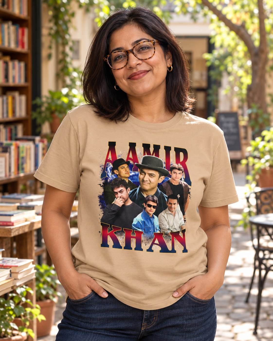 Styled mockup of Aamir Khan - Bollywood's Influential Actor and Master Storyteller Unisex t-shirt worn by a model