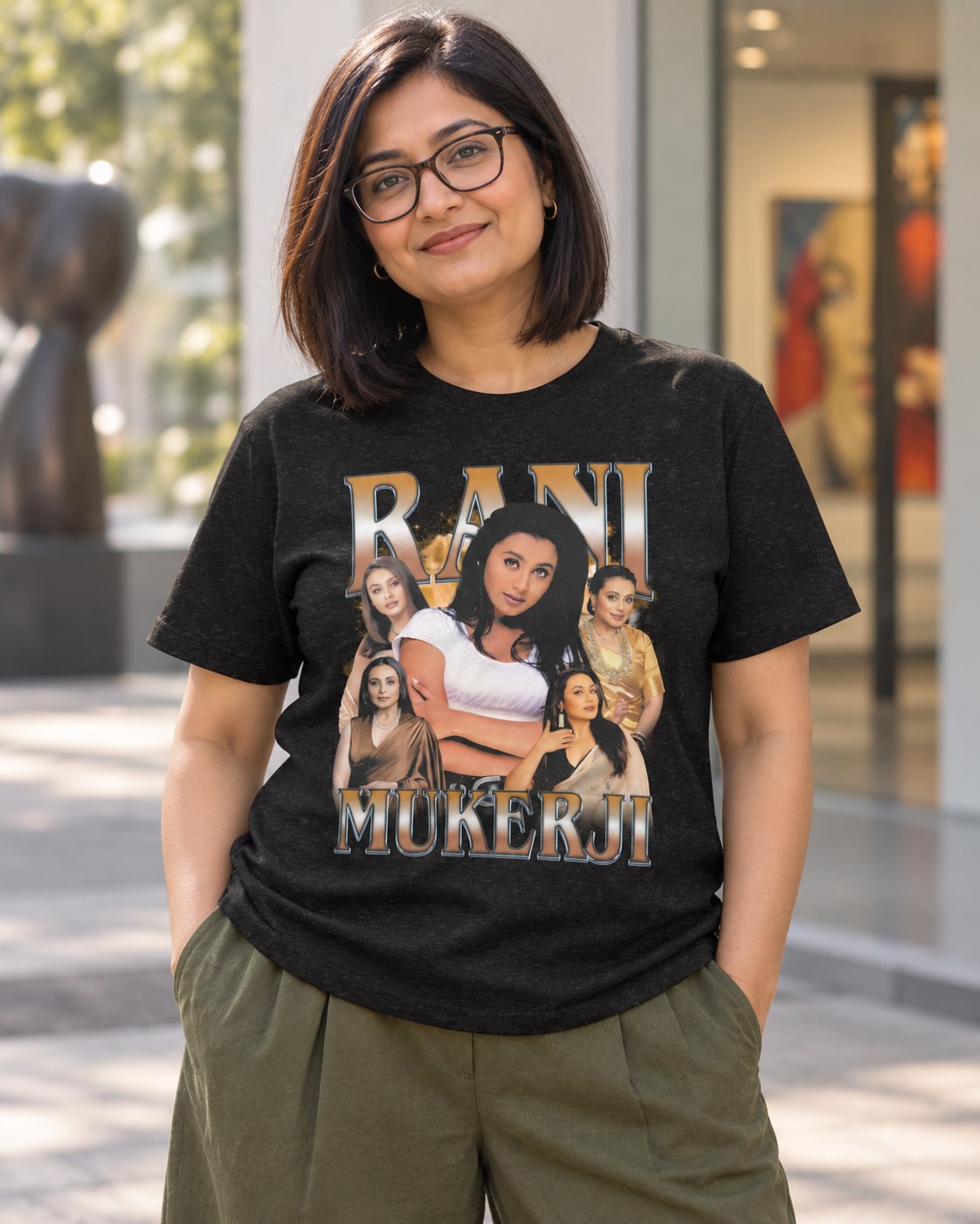 Styled mockup of Rani Mukerji - Celebrating the Versatile Queen of Bollywood Unisex t-shirt worn by a model