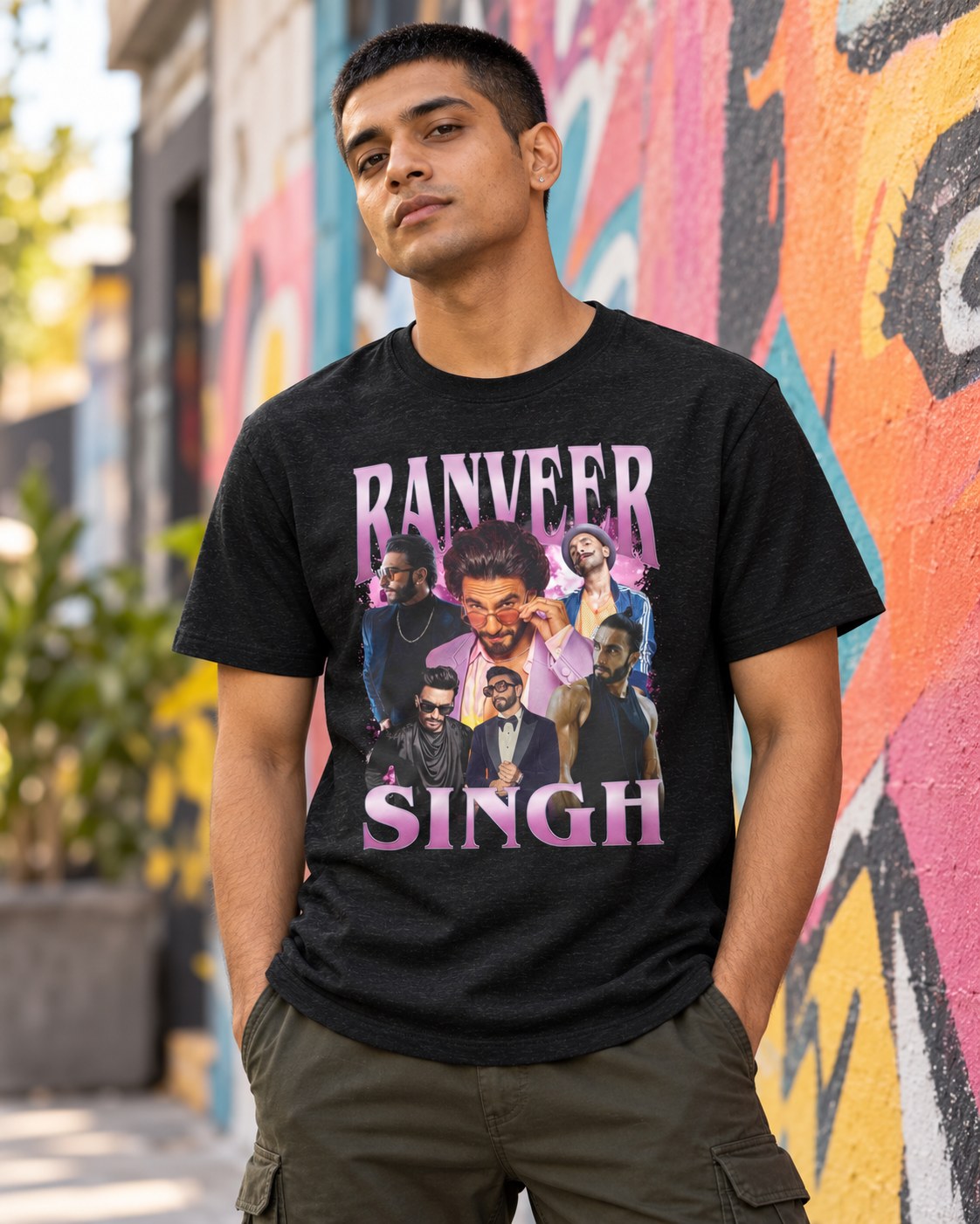 Styled mockup of Ranveer Singh The Dynamic Bollywood Actor and Style Sensation Unisex t-shirt worn by a model
